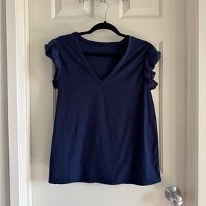 Elegant Navy V-Neck Blouse with Lace Sleeves